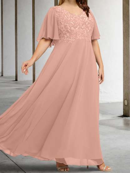 V-Neck A-Line Princess Floor-Length Mother of the Bride Dress with Applique and Half Sleeves
