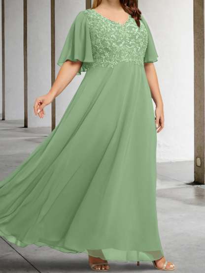 V-Neck A-Line Princess Floor-Length Mother of the Bride Dress with Applique and Half Sleeves