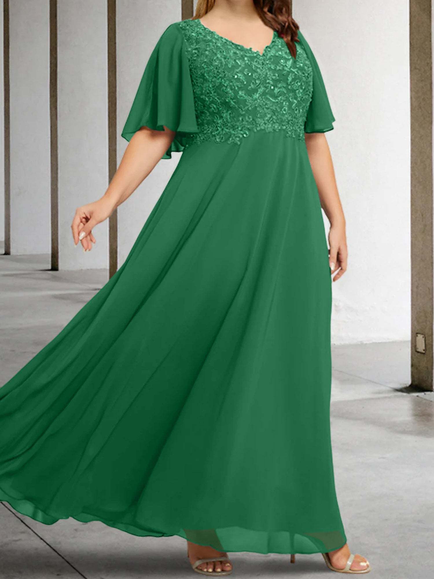 V-Neck A-Line Princess Floor-Length Mother of the Bride Dress with Applique and Half Sleeves