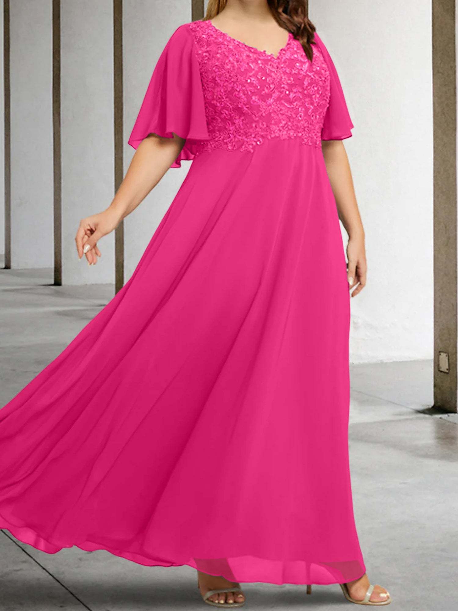 V-Neck A-Line Princess Floor-Length Mother of the Bride Dress with Applique and Half Sleeves