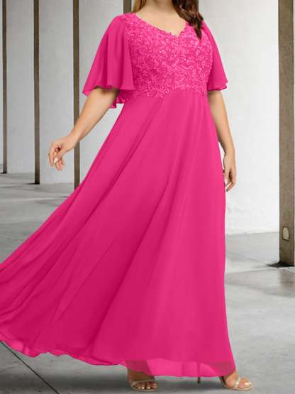 V-Neck A-Line Princess Floor-Length Mother of the Bride Dress with Applique and Half Sleeves