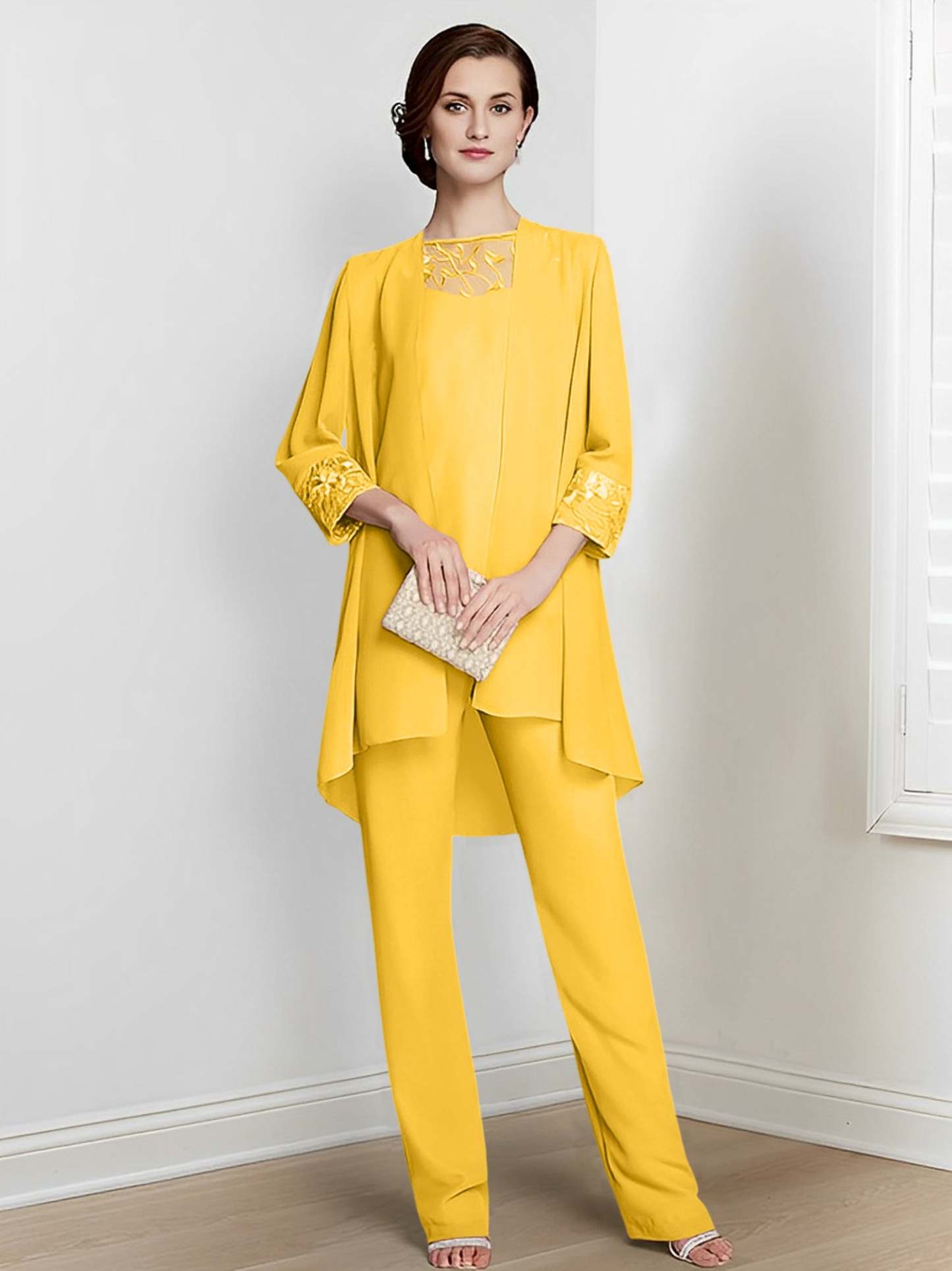 Floor-Length Square Neck Chiffon Pantsuit With Long Sleeves and Jacket for the Mother of the Bride