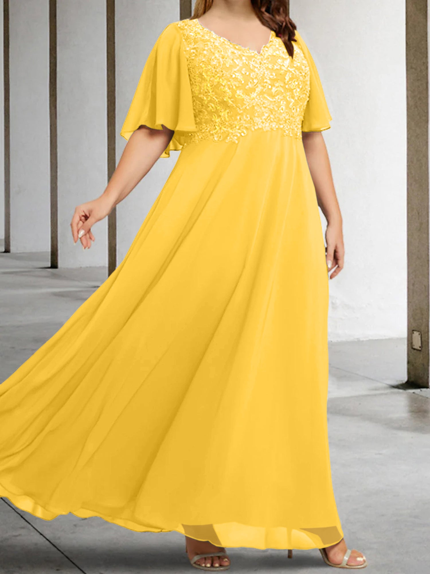 V-Neck A-Line Princess Floor-Length Mother of the Bride Dress with Applique and Half Sleeves