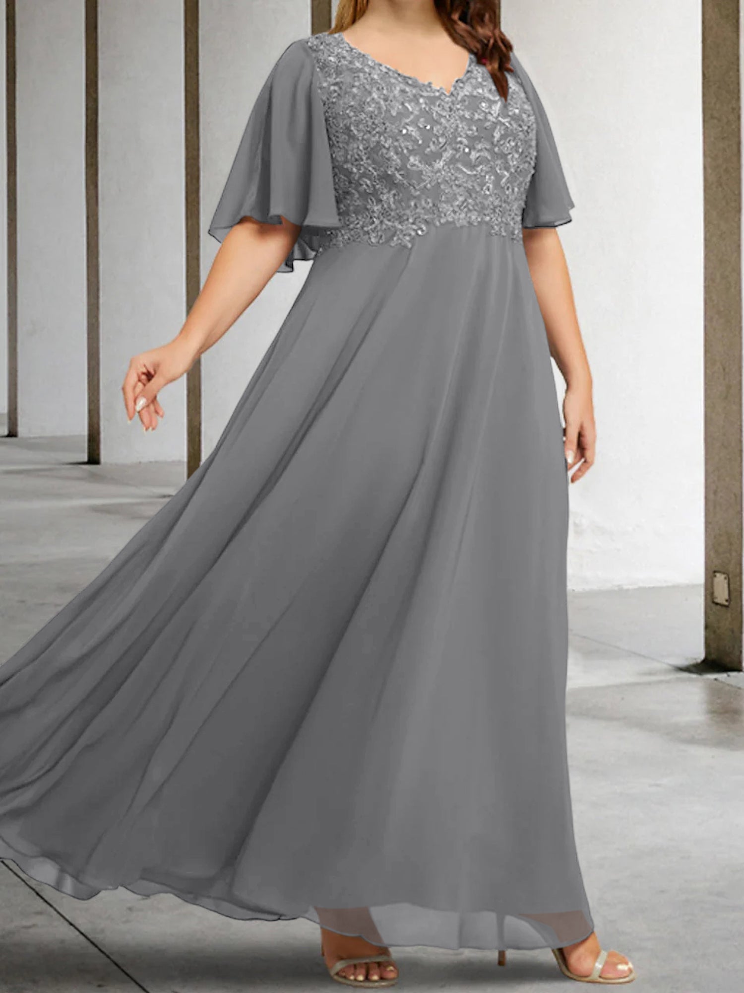 V-Neck A-Line Princess Floor-Length Mother of the Bride Dress with Applique and Half Sleeves