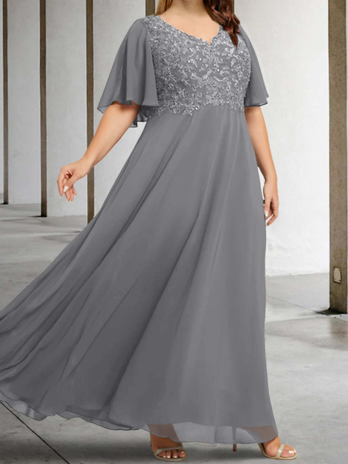 V-Neck A-Line Princess Floor-Length Mother of the Bride Dress with Applique and Half Sleeves