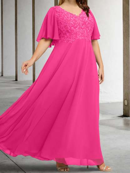 V-Neck A-Line Princess Floor-Length Mother of the Bride Dress with Applique and Half Sleeves
