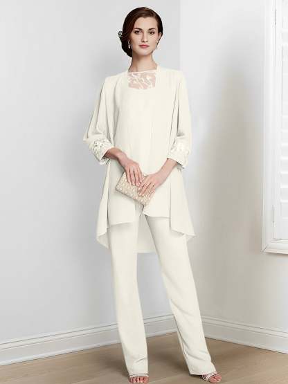 Floor-Length Square Neck Chiffon Pantsuit With Long Sleeves and Jacket for the Mother of the Bride