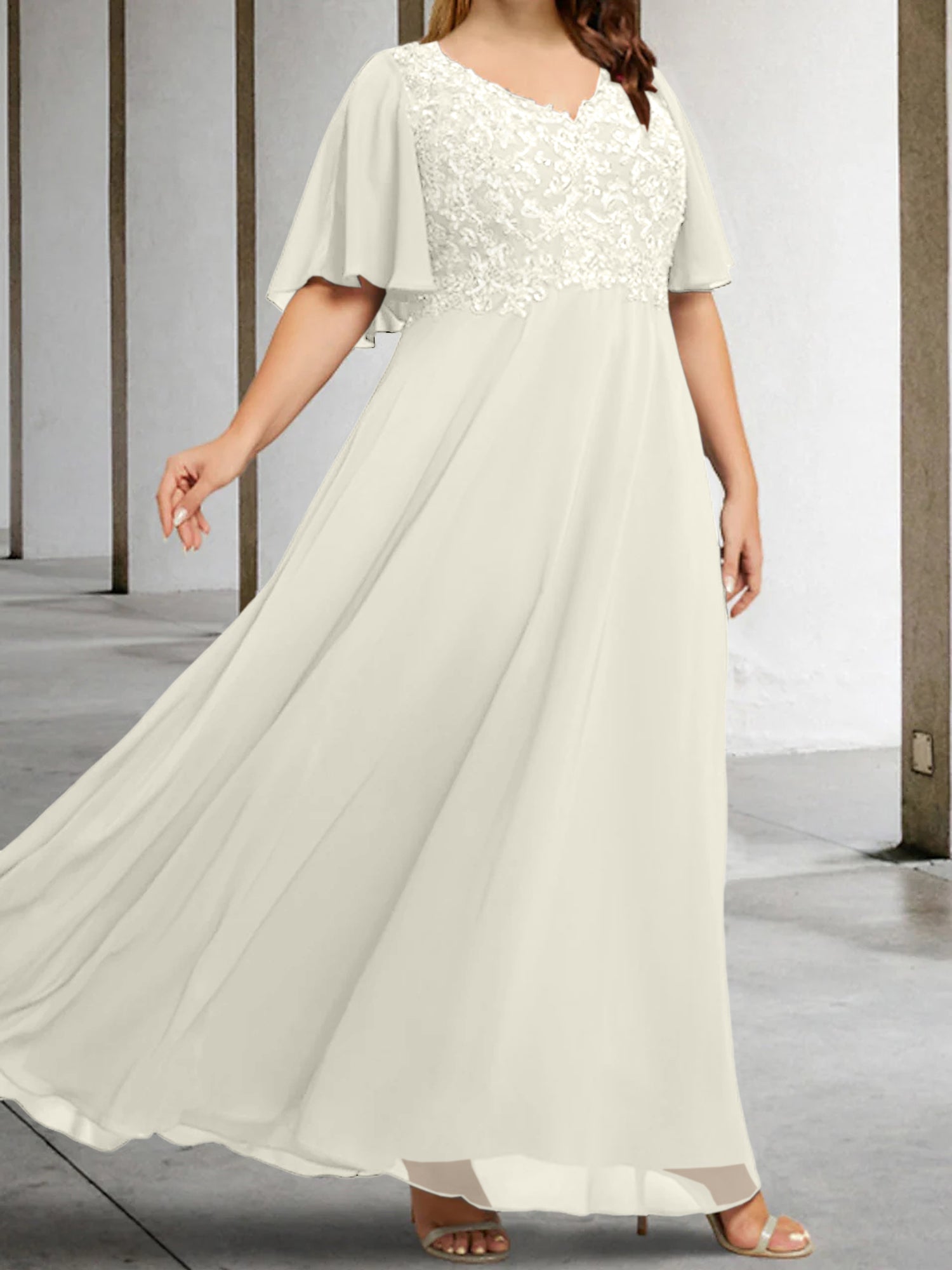 V-Neck A-Line Princess Floor-Length Mother of the Bride Dress with Applique and Half Sleeves