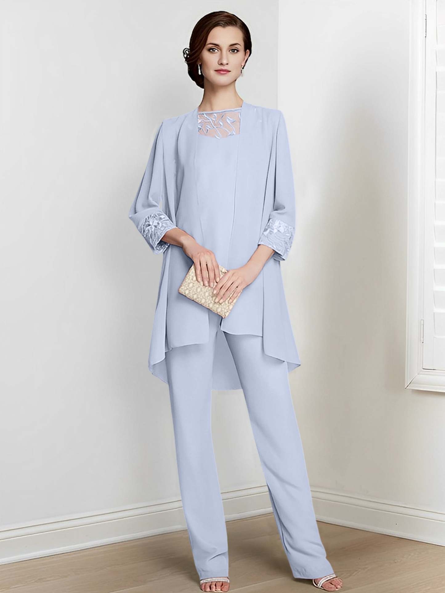 Floor-Length Square Neck Chiffon Pantsuit With Long Sleeves and Jacket for the Mother of the Bride