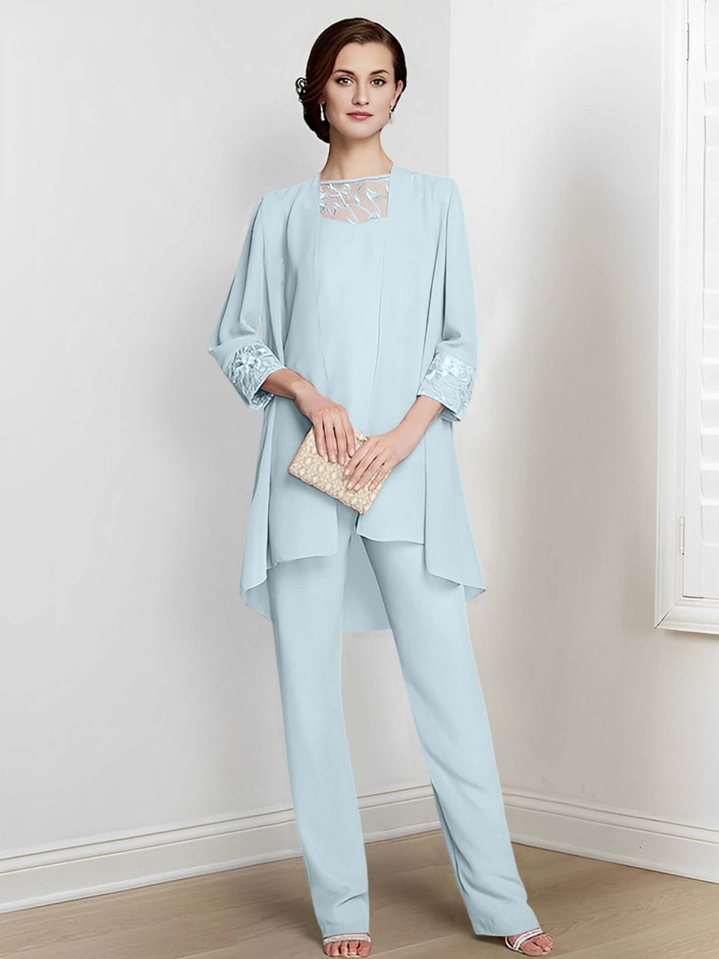 Floor-Length Square Neck Chiffon Pantsuit With Long Sleeves and Jacket for the Mother of the Bride