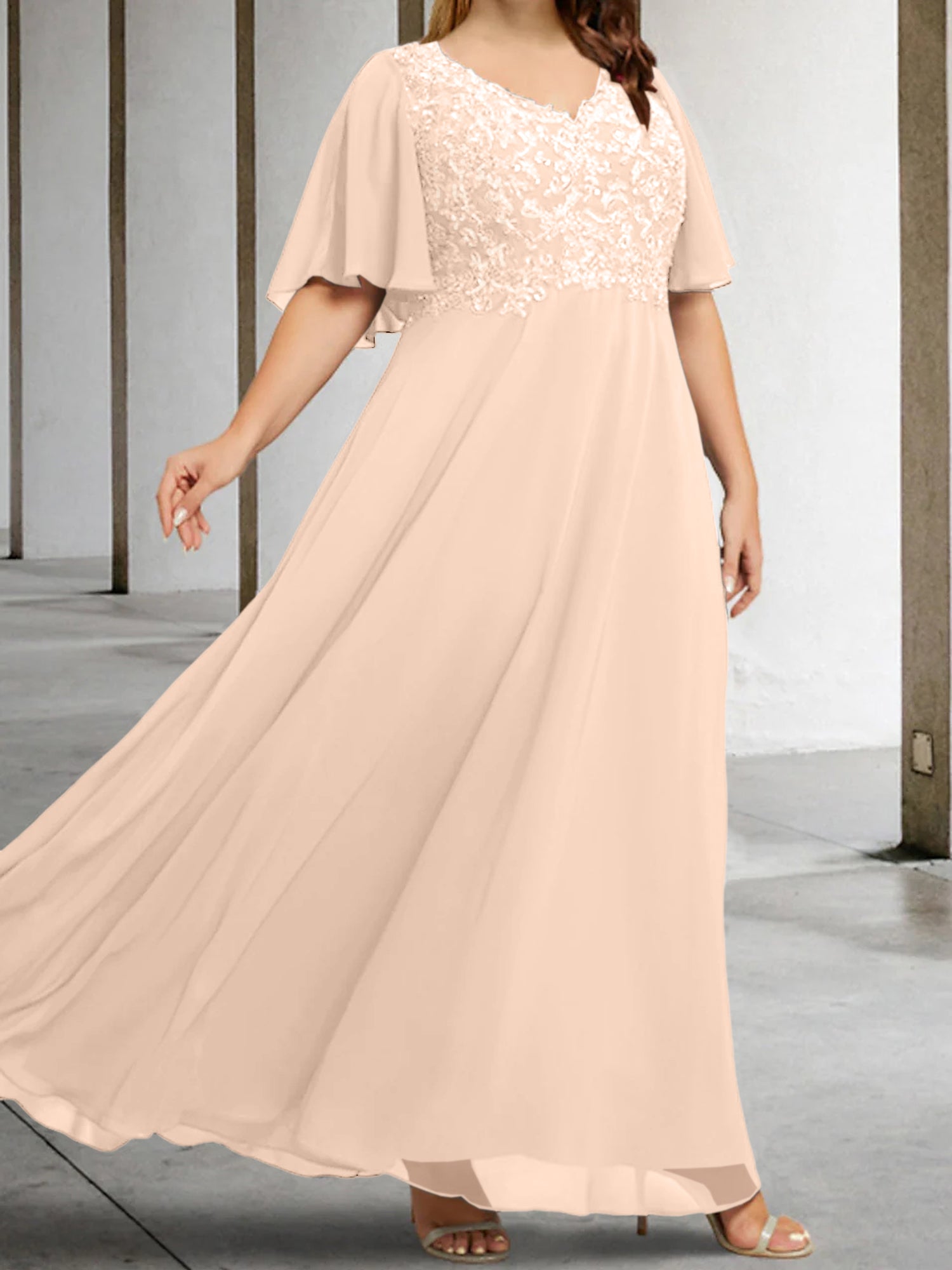 V-Neck A-Line Princess Floor-Length Mother of the Bride Dress with Applique and Half Sleeves