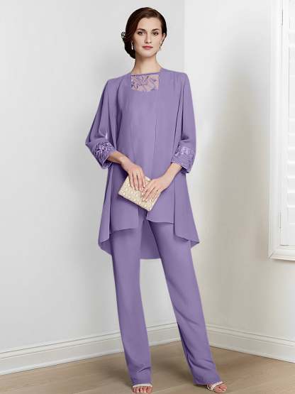 Floor-Length Square Neck Chiffon Pantsuit With Long Sleeves and Jacket for the Mother of the Bride