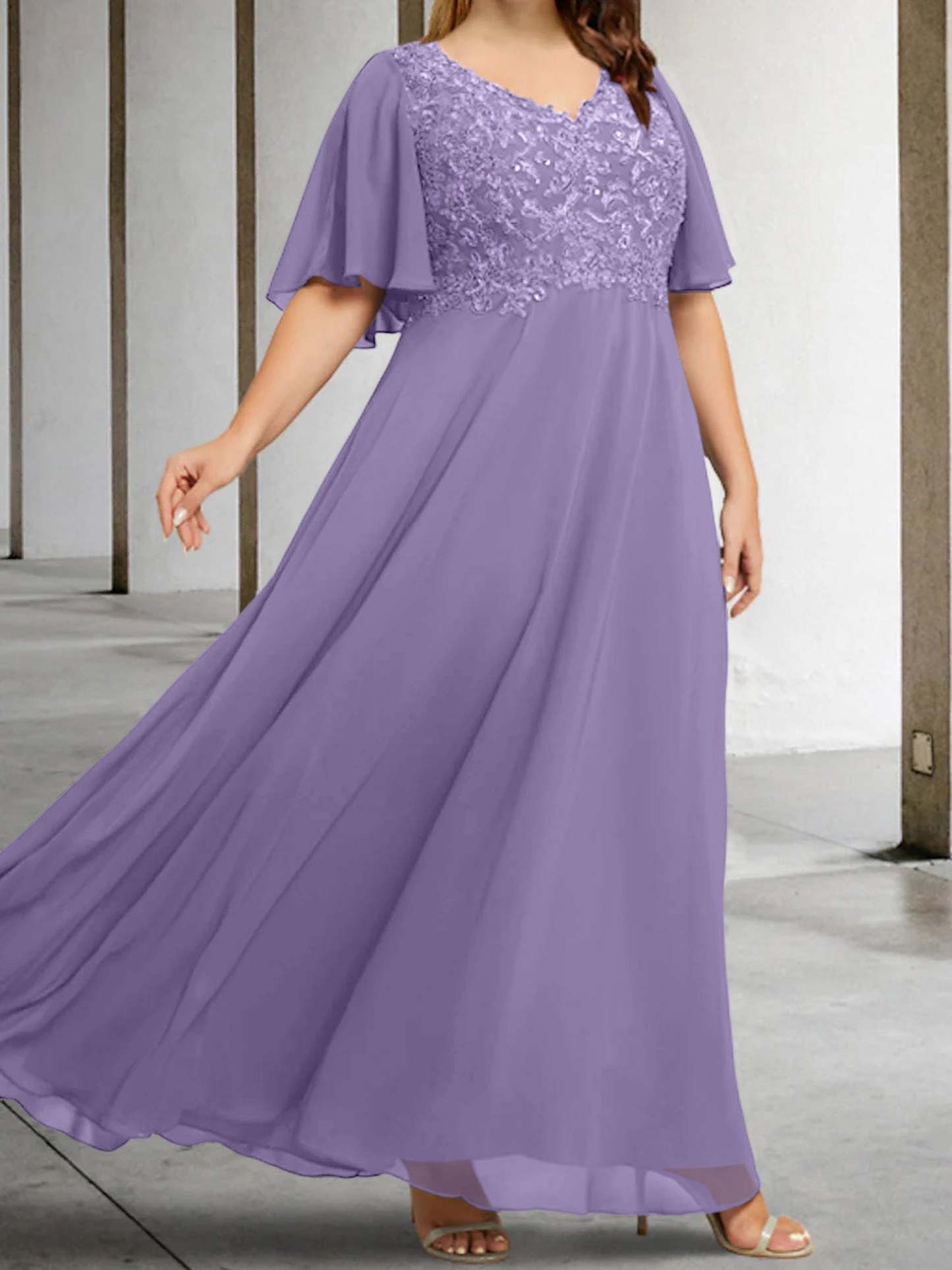 V-Neck A-Line Princess Floor-Length Mother of the Bride Dress with Applique and Half Sleeves
