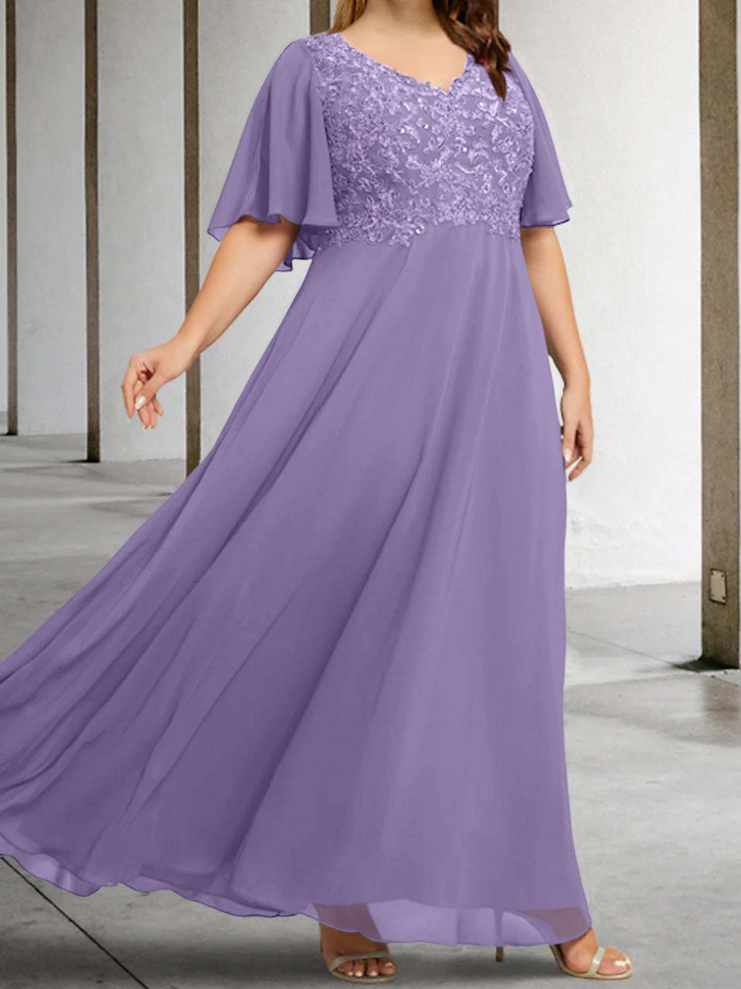 V-Neck A-Line Princess Floor-Length Mother of the Bride Dress with Applique and Half Sleeves