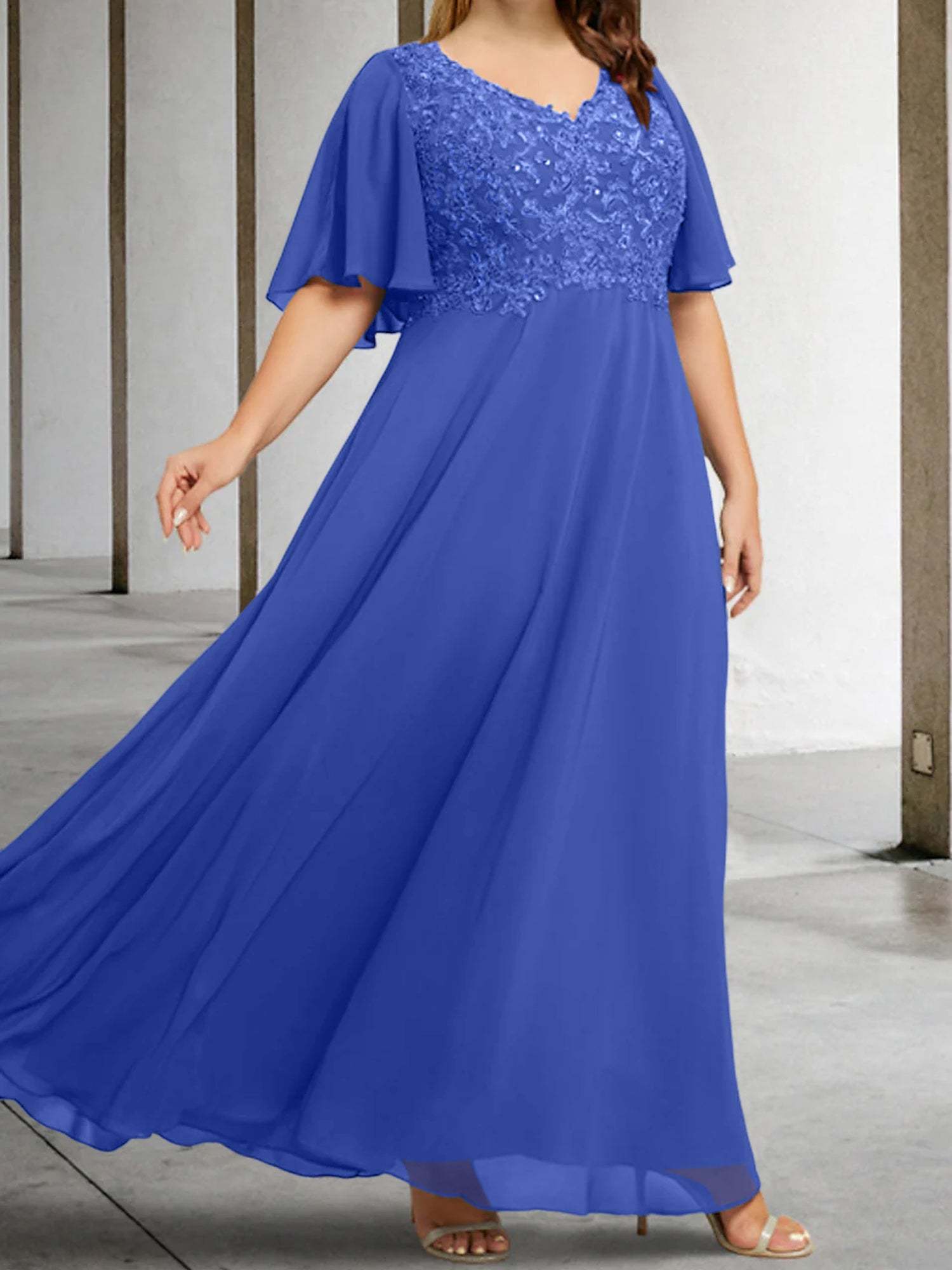V-Neck A-Line Princess Floor-Length Mother of the Bride Dress with Applique and Half Sleeves