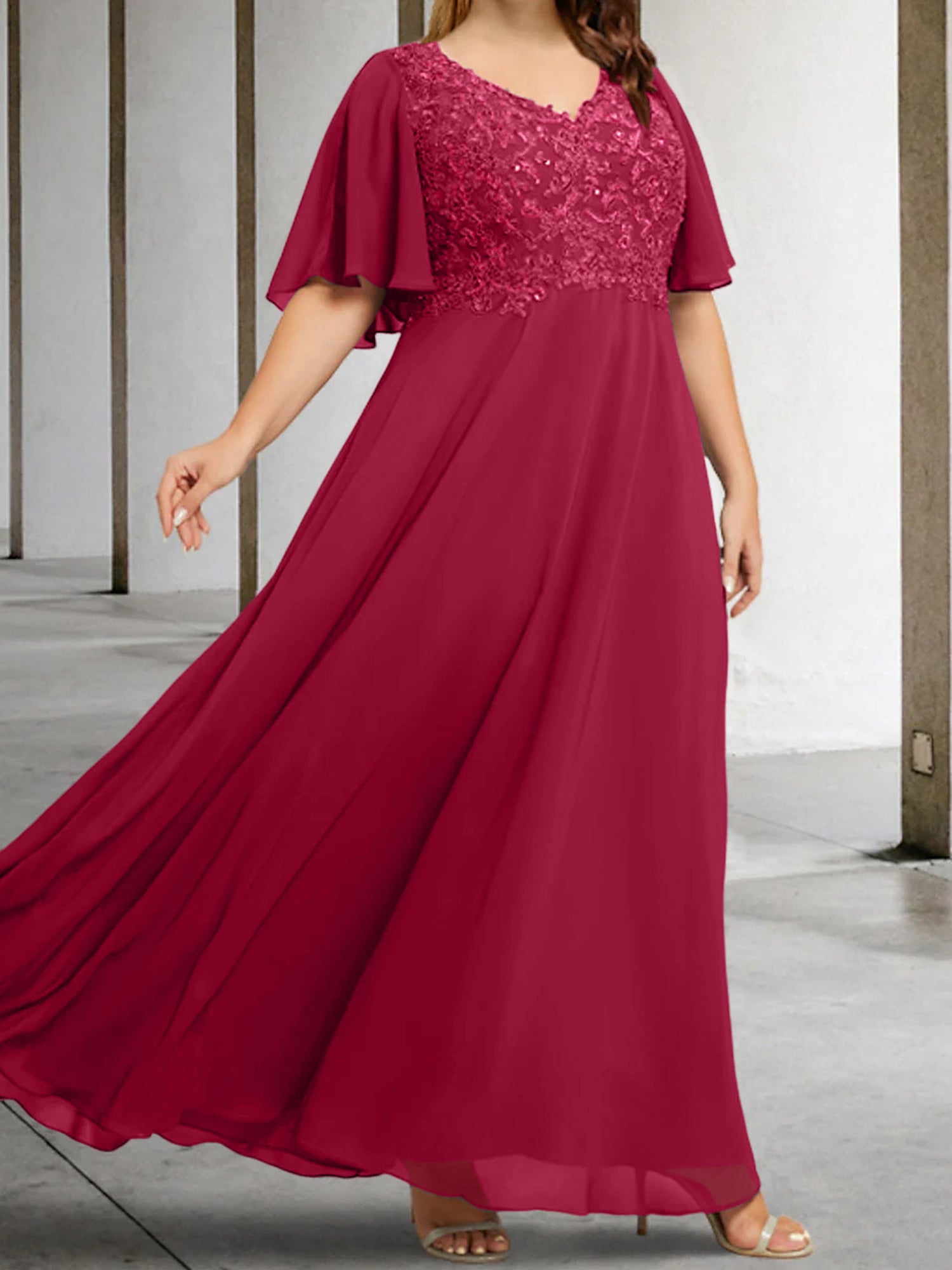 V-Neck A-Line Princess Floor-Length Mother of the Bride Dress with Applique and Half Sleeves