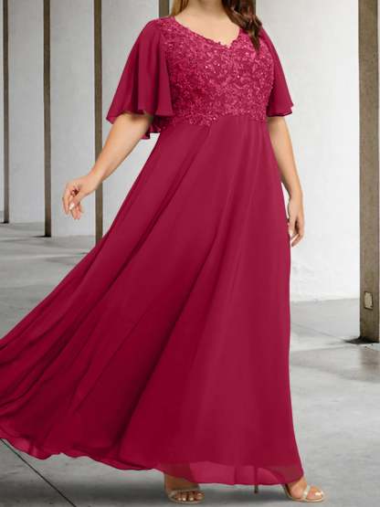 V-Neck A-Line Princess Floor-Length Mother of the Bride Dress with Applique and Half Sleeves