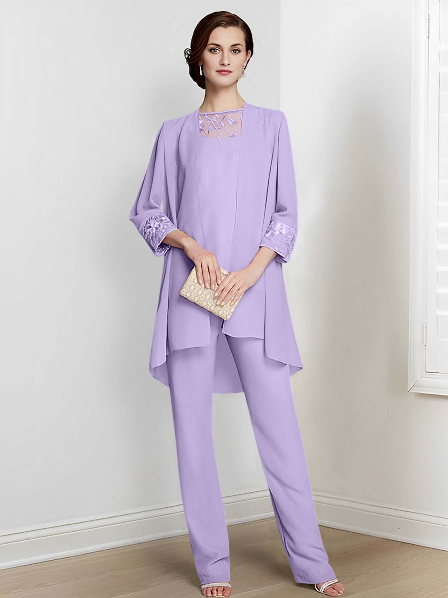 Floor-Length Square Neck Chiffon Pantsuit With Long Sleeves and Jacket for the Mother of the Bride