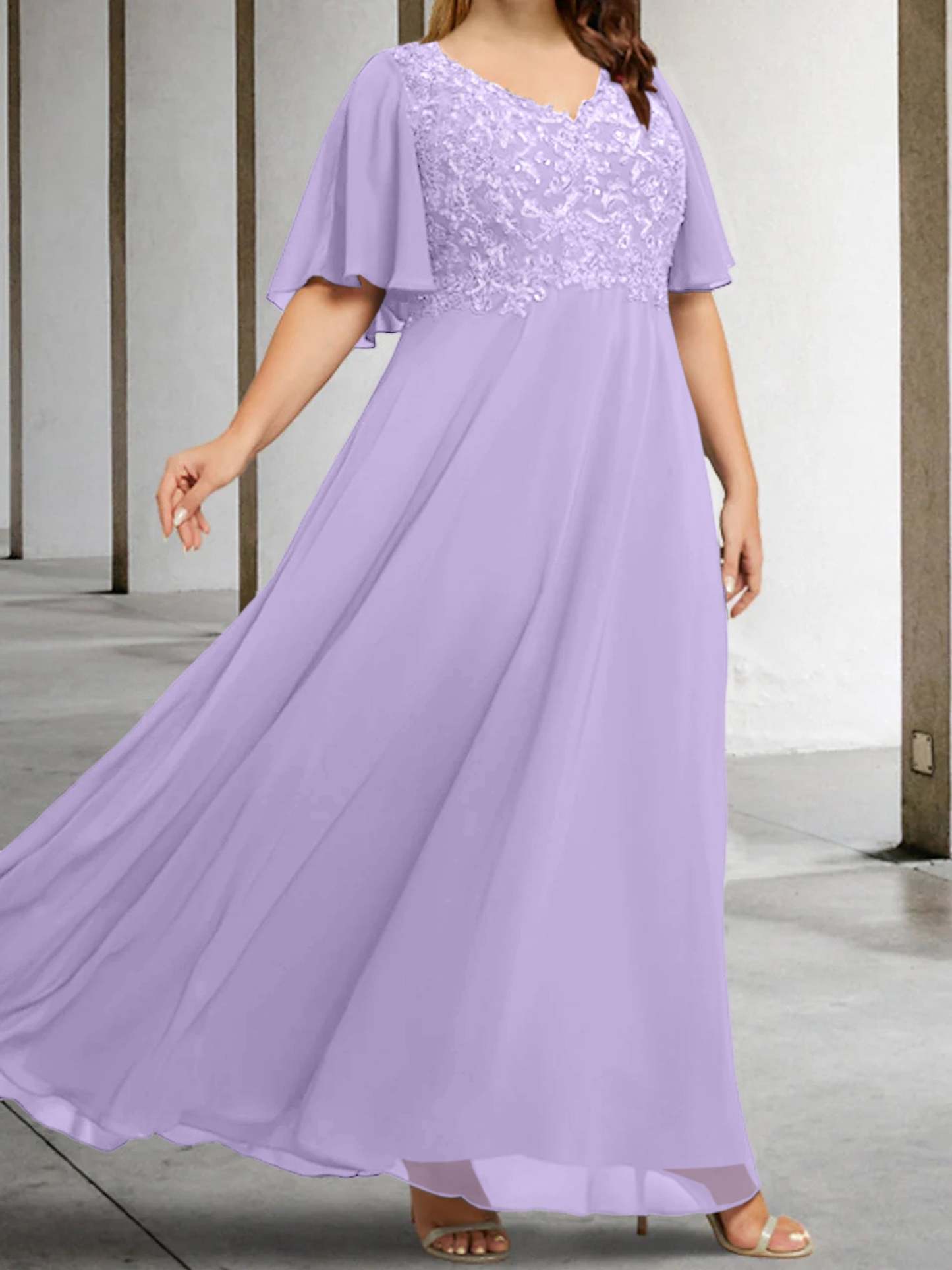 V-Neck A-Line Princess Floor-Length Mother of the Bride Dress with Applique and Half Sleeves