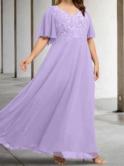 V-Neck A-Line Princess Floor-Length Mother of the Bride Dress with Applique and Half Sleeves