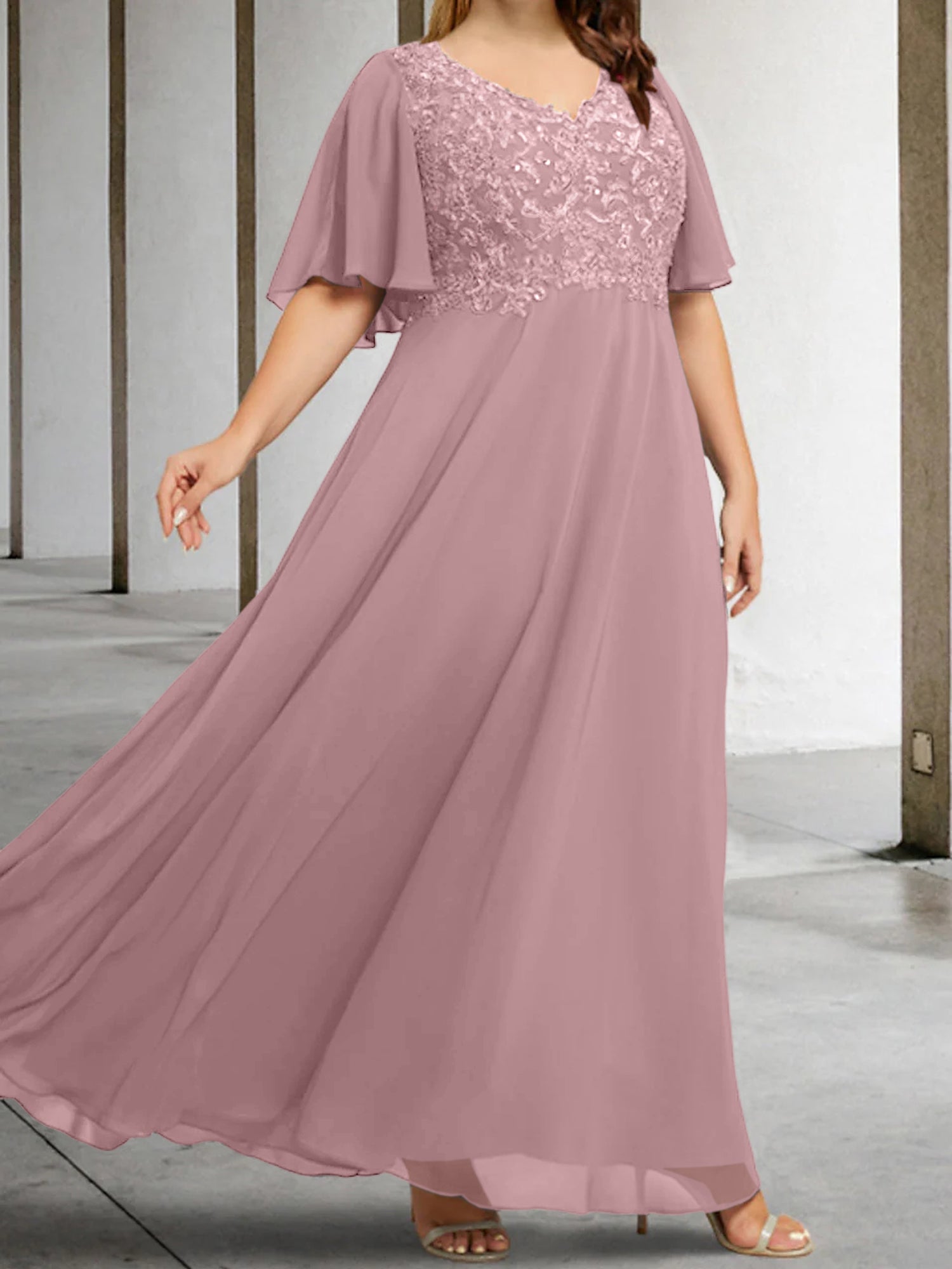 V-Neck A-Line Princess Floor-Length Mother of the Bride Dress with Applique and Half Sleeves