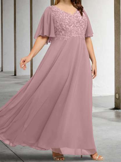 V-Neck A-Line Princess Floor-Length Mother of the Bride Dress with Applique and Half Sleeves
