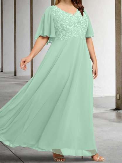 V-Neck A-Line Princess Floor-Length Mother of the Bride Dress with Applique and Half Sleeves