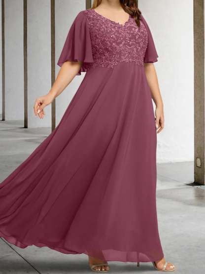 V-Neck A-Line Princess Floor-Length Mother of the Bride Dress with Applique and Half Sleeves