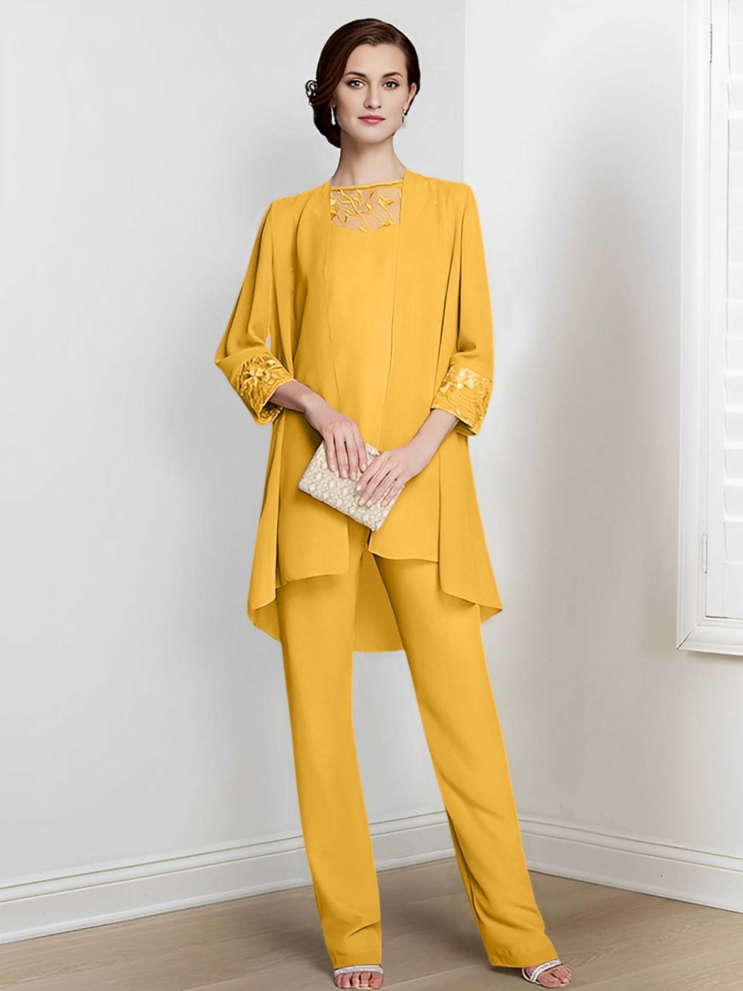 Floor-Length Square Neck Chiffon Pantsuit With Long Sleeves and Jacket for the Mother of the Bride