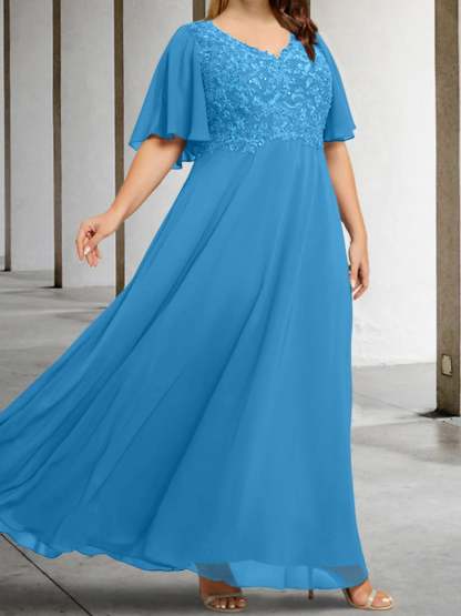 V-Neck A-Line Princess Floor-Length Mother of the Bride Dress with Applique and Half Sleeves