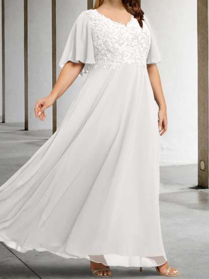 V-Neck A-Line Princess Floor-Length Mother of the Bride Dress with Applique and Half Sleeves