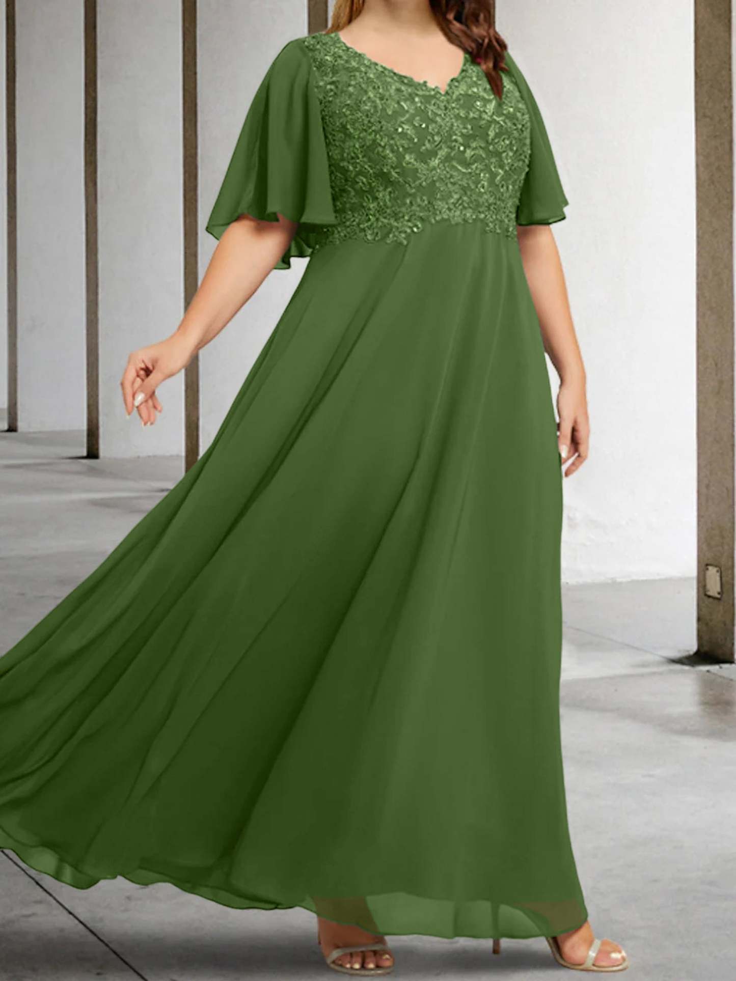 V-Neck A-Line Princess Floor-Length Mother of the Bride Dress with Applique and Half Sleeves
