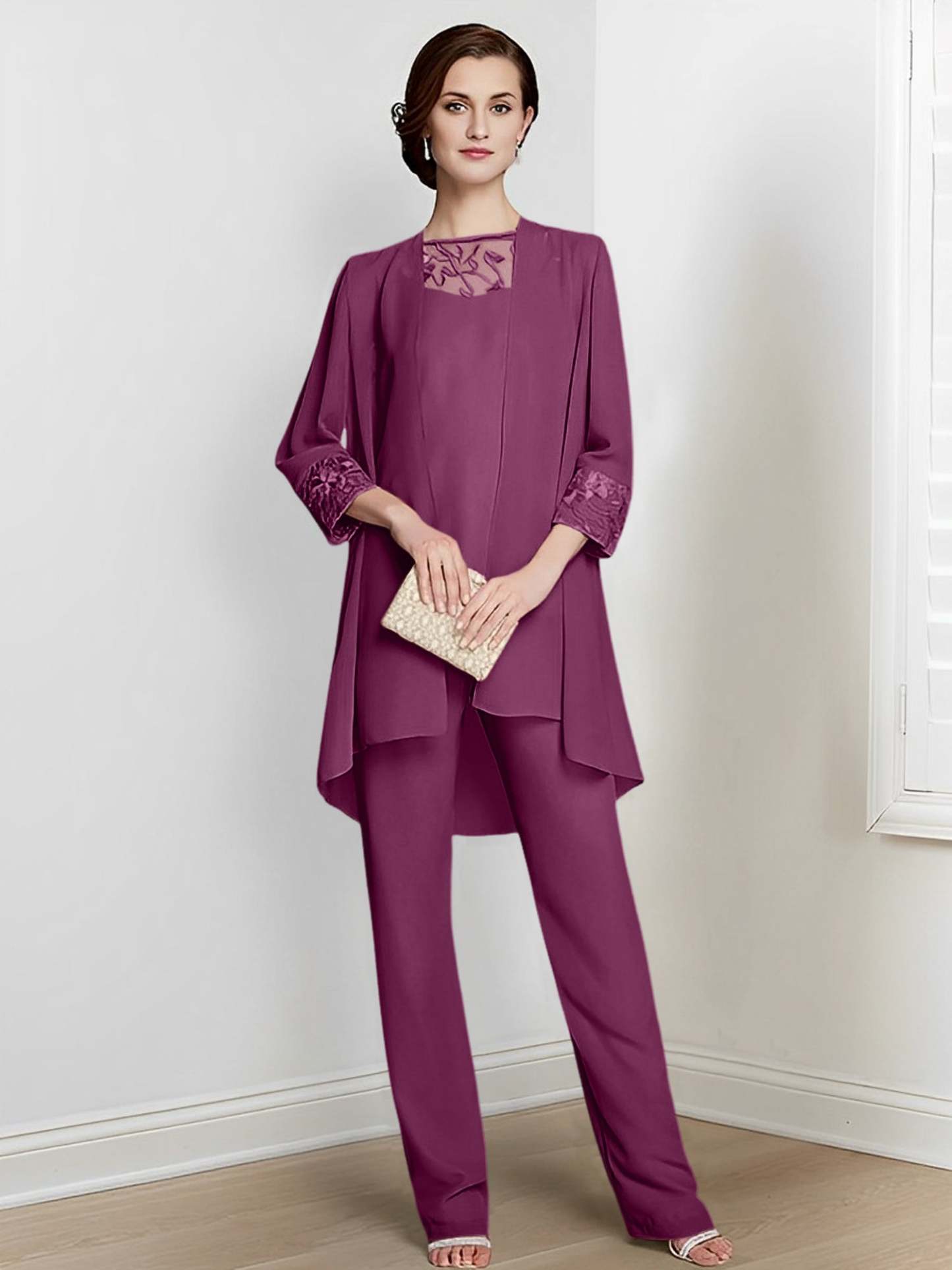 Floor-Length Square Neck Chiffon Pantsuit With Long Sleeves and Jacket for the Mother of the Bride