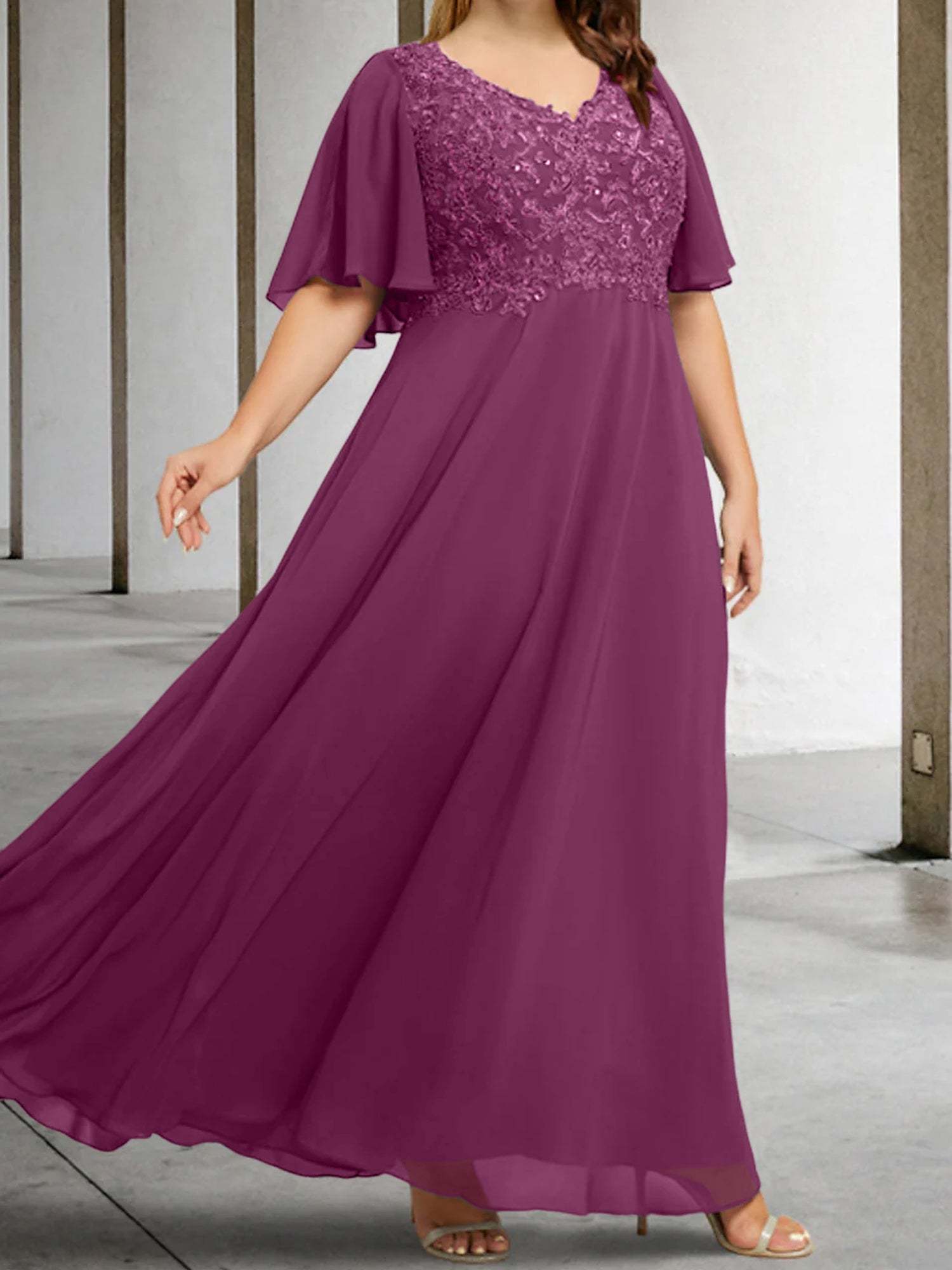 V-Neck A-Line Princess Floor-Length Mother of the Bride Dress with Applique and Half Sleeves