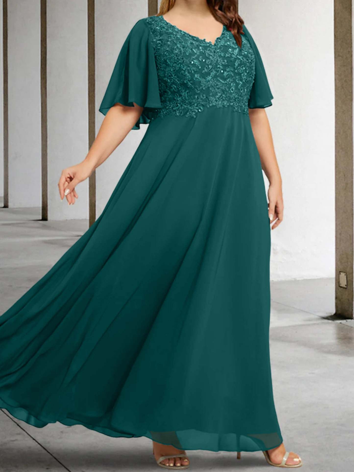 V-Neck A-Line Princess Floor-Length Mother of the Bride Dress with Applique and Half Sleeves