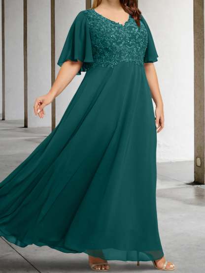 V-Neck A-Line Princess Floor-Length Mother of the Bride Dress with Applique and Half Sleeves