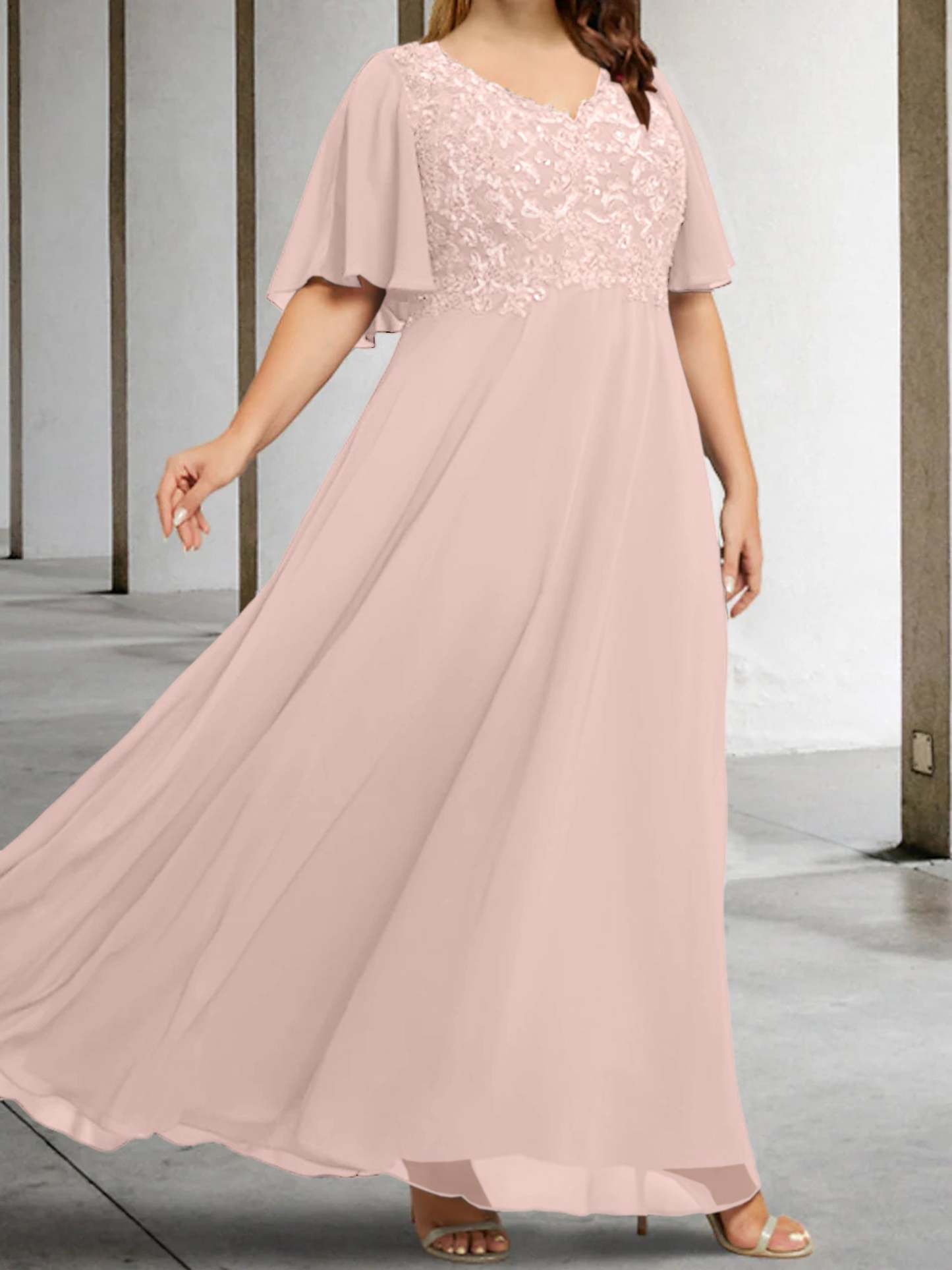 V-Neck A-Line Princess Floor-Length Mother of the Bride Dress with Applique and Half Sleeves