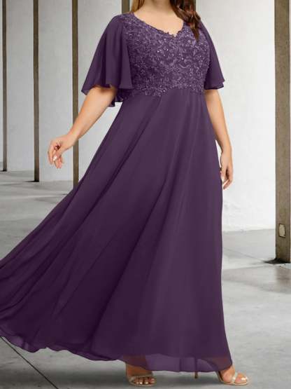 V-Neck A-Line Princess Floor-Length Mother of the Bride Dress with Applique and Half Sleeves