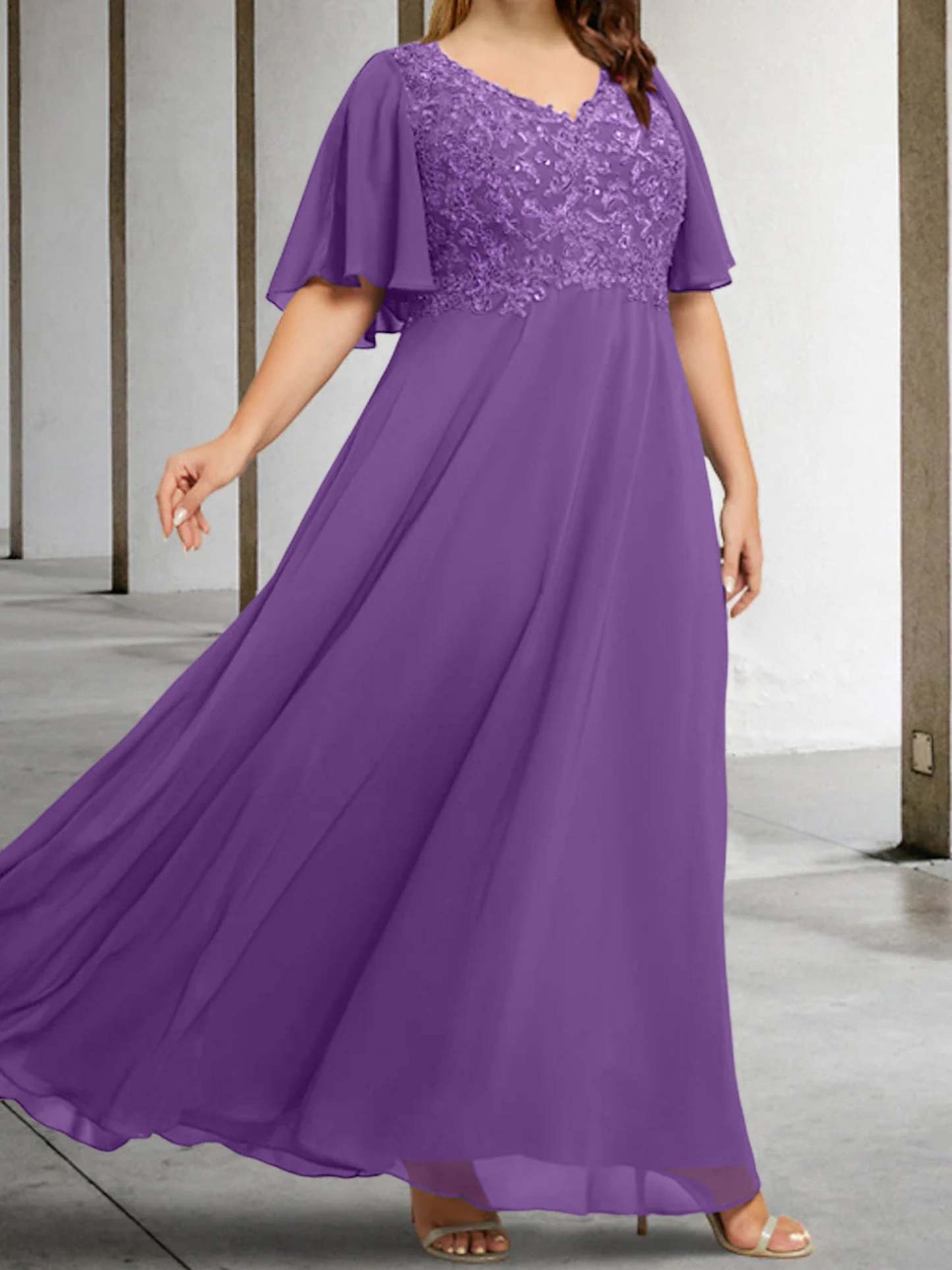 V-Neck A-Line Princess Floor-Length Mother of the Bride Dress with Applique and Half Sleeves