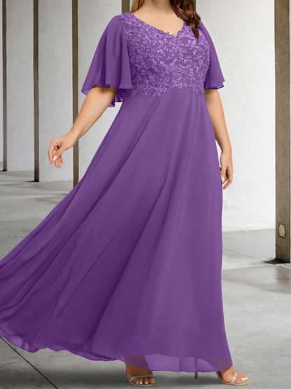 V-Neck A-Line Princess Floor-Length Mother of the Bride Dress with Applique and Half Sleeves
