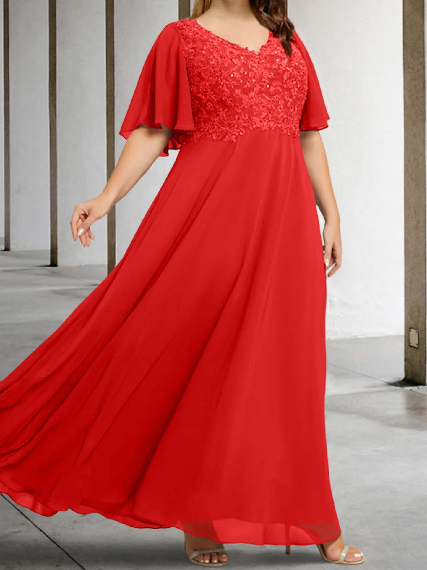 V-Neck A-Line Princess Floor-Length Mother of the Bride Dress with Applique and Half Sleeves