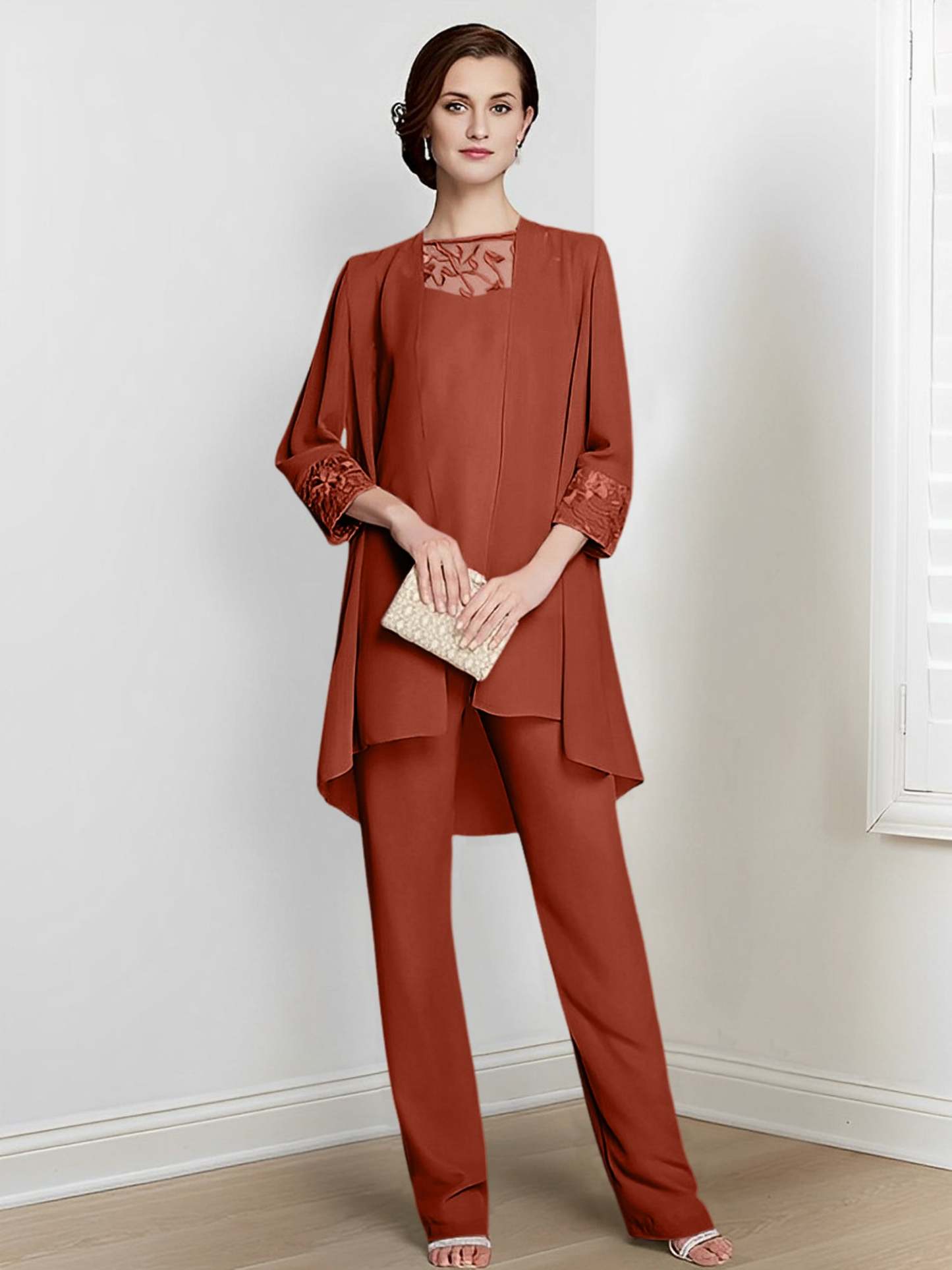 Floor-Length Square Neck Chiffon Pantsuit With Long Sleeves and Jacket for the Mother of the Bride