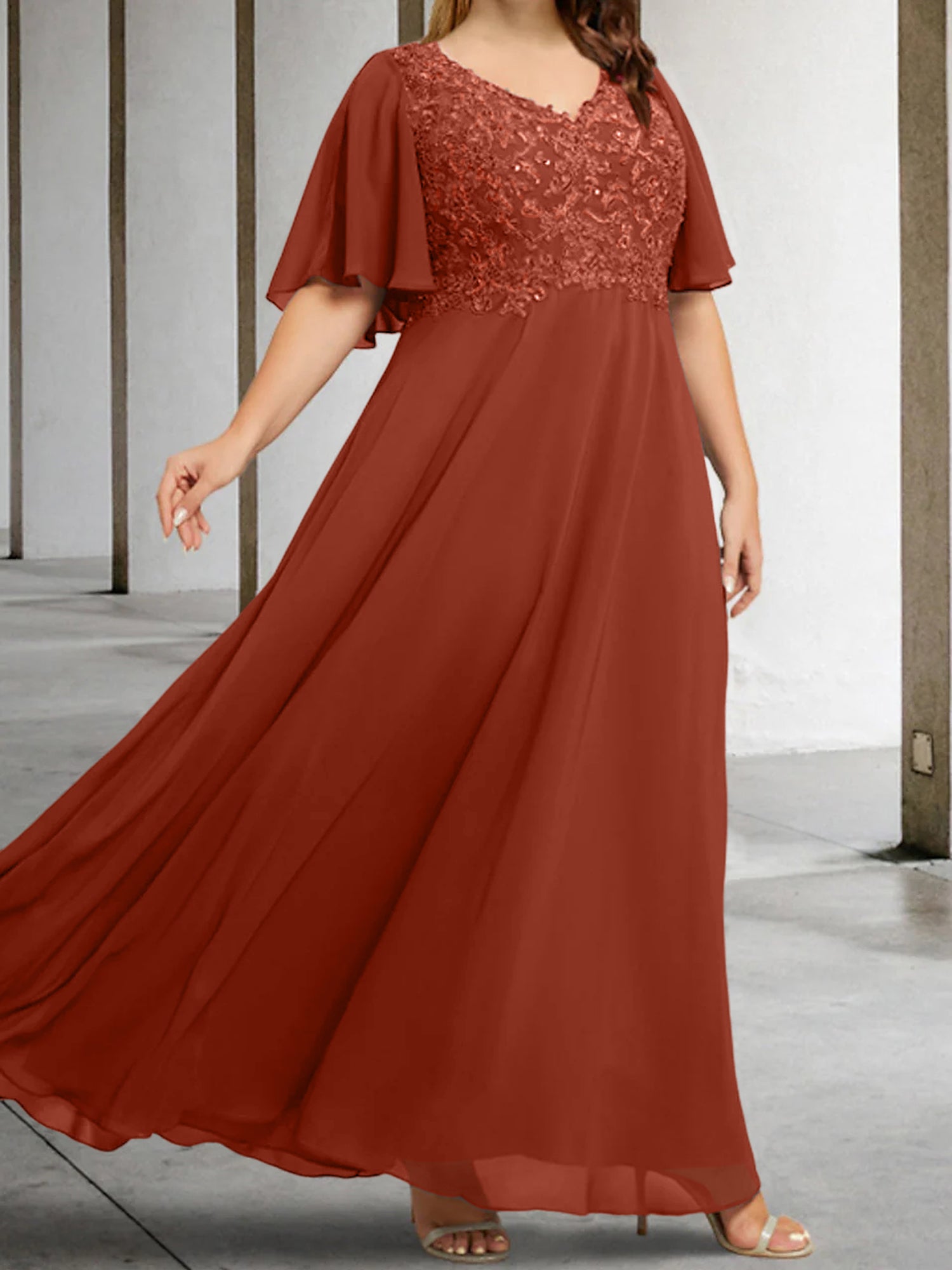 V-Neck A-Line Princess Floor-Length Mother of the Bride Dress with Applique and Half Sleeves