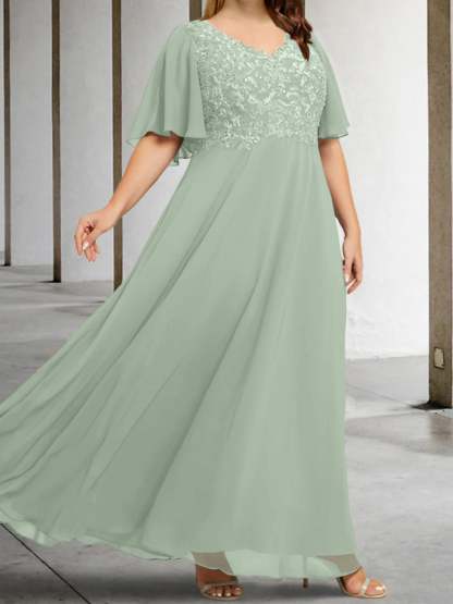 V-Neck A-Line Princess Floor-Length Mother of the Bride Dress with Applique and Half Sleeves