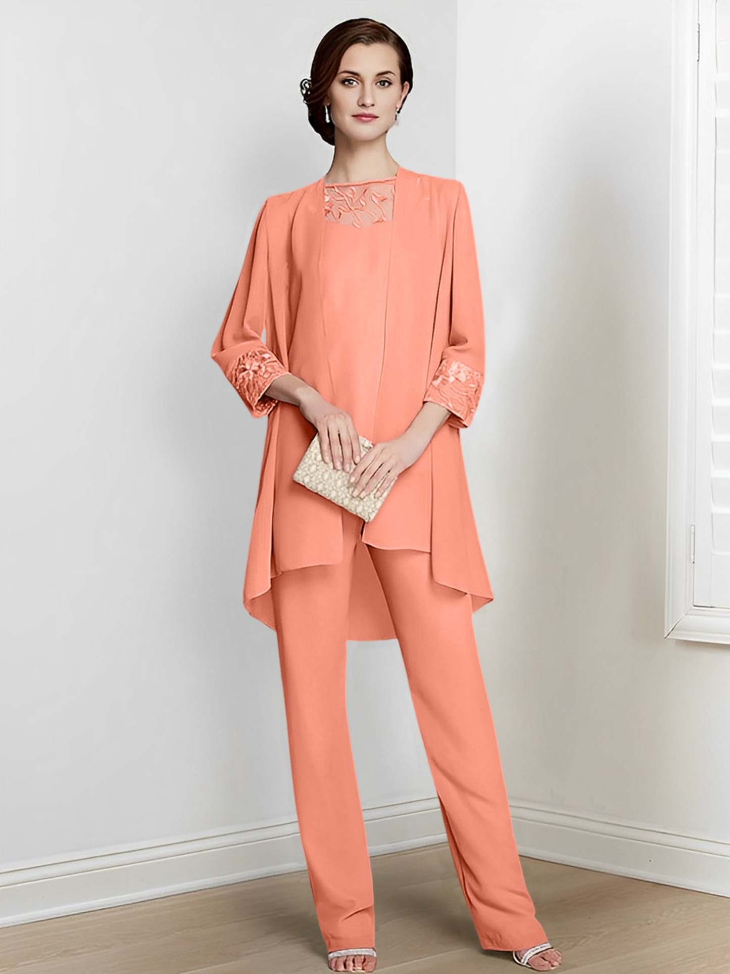 Floor-Length Square Neck Chiffon Pantsuit With Long Sleeves and Jacket for the Mother of the Bride