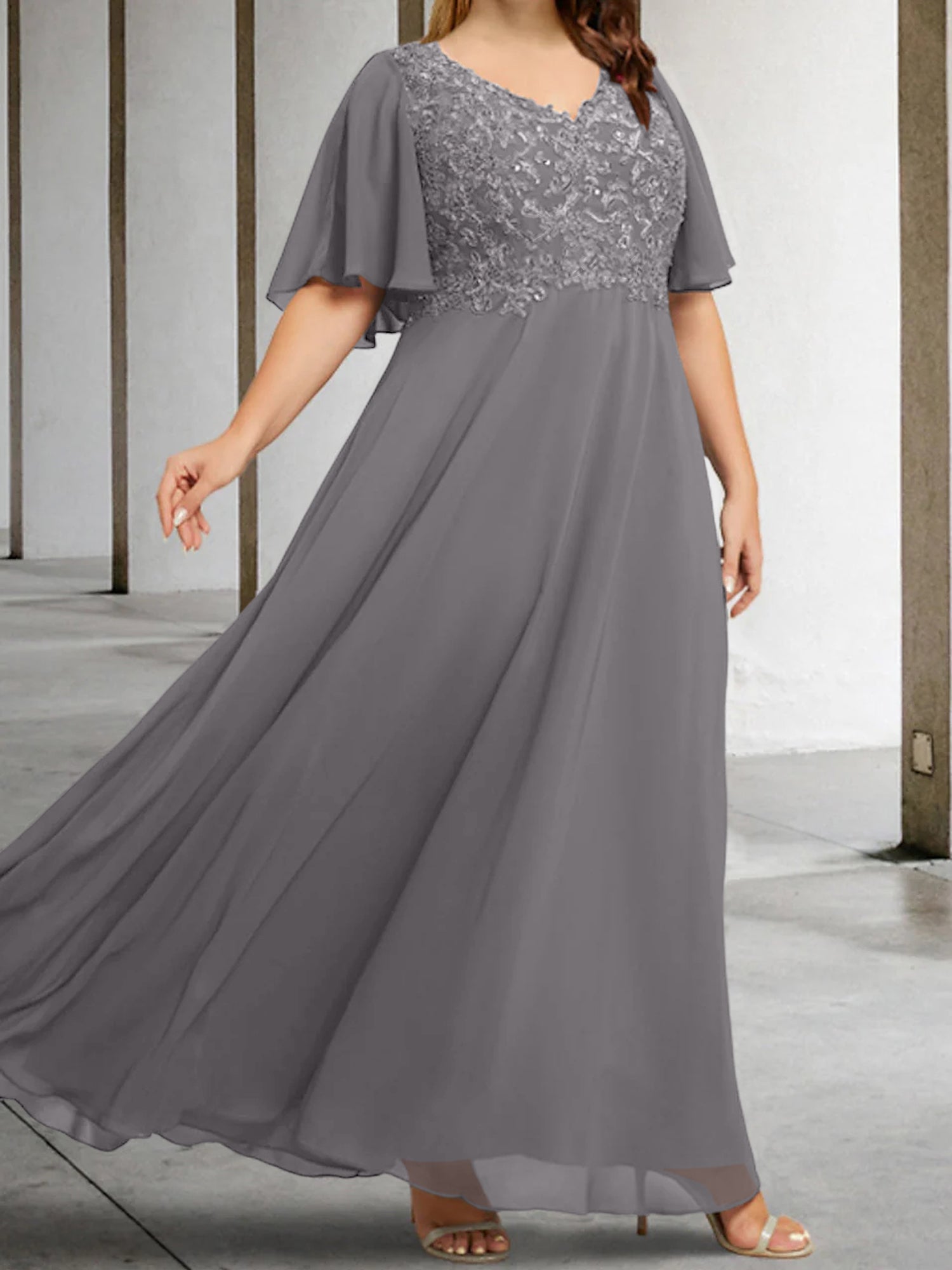 V-Neck A-Line Princess Floor-Length Mother of the Bride Dress with Applique and Half Sleeves