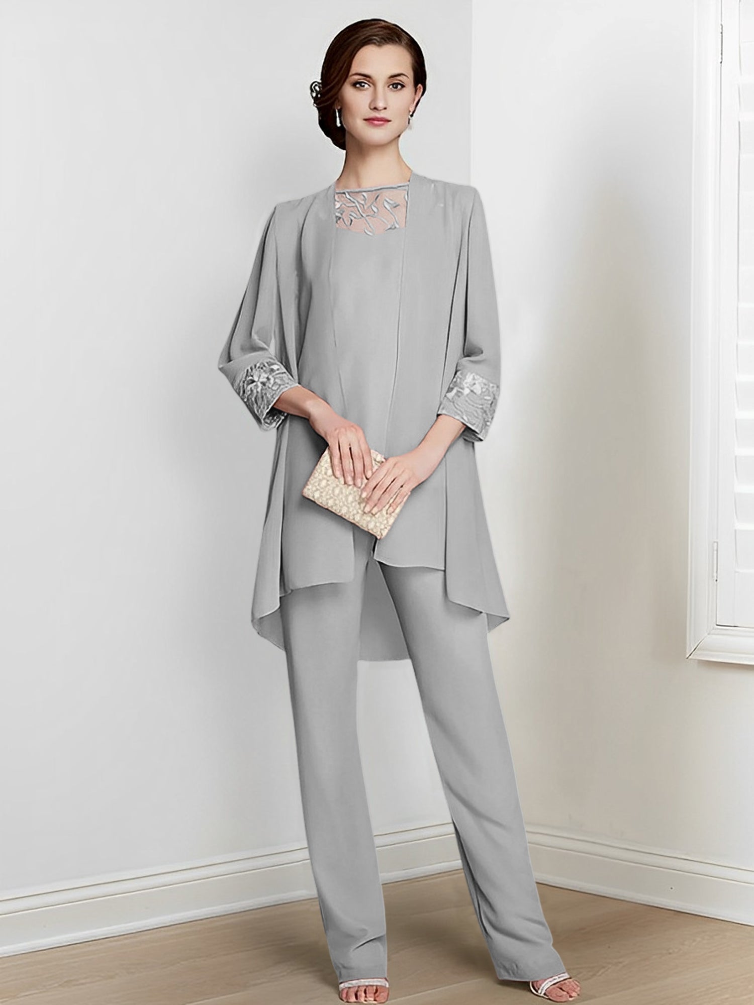 Floor-Length Square Neck Chiffon Pantsuit With Long Sleeves and Jacket for the Mother of the Bride