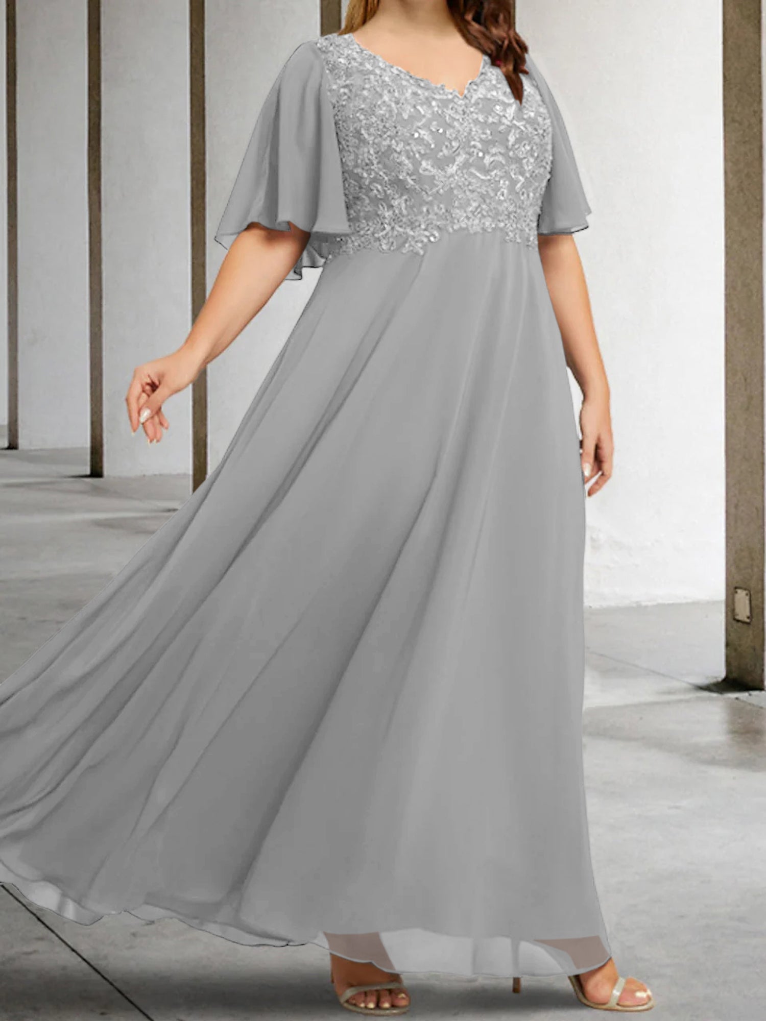 V-Neck A-Line Princess Floor-Length Mother of the Bride Dress with Applique and Half Sleeves