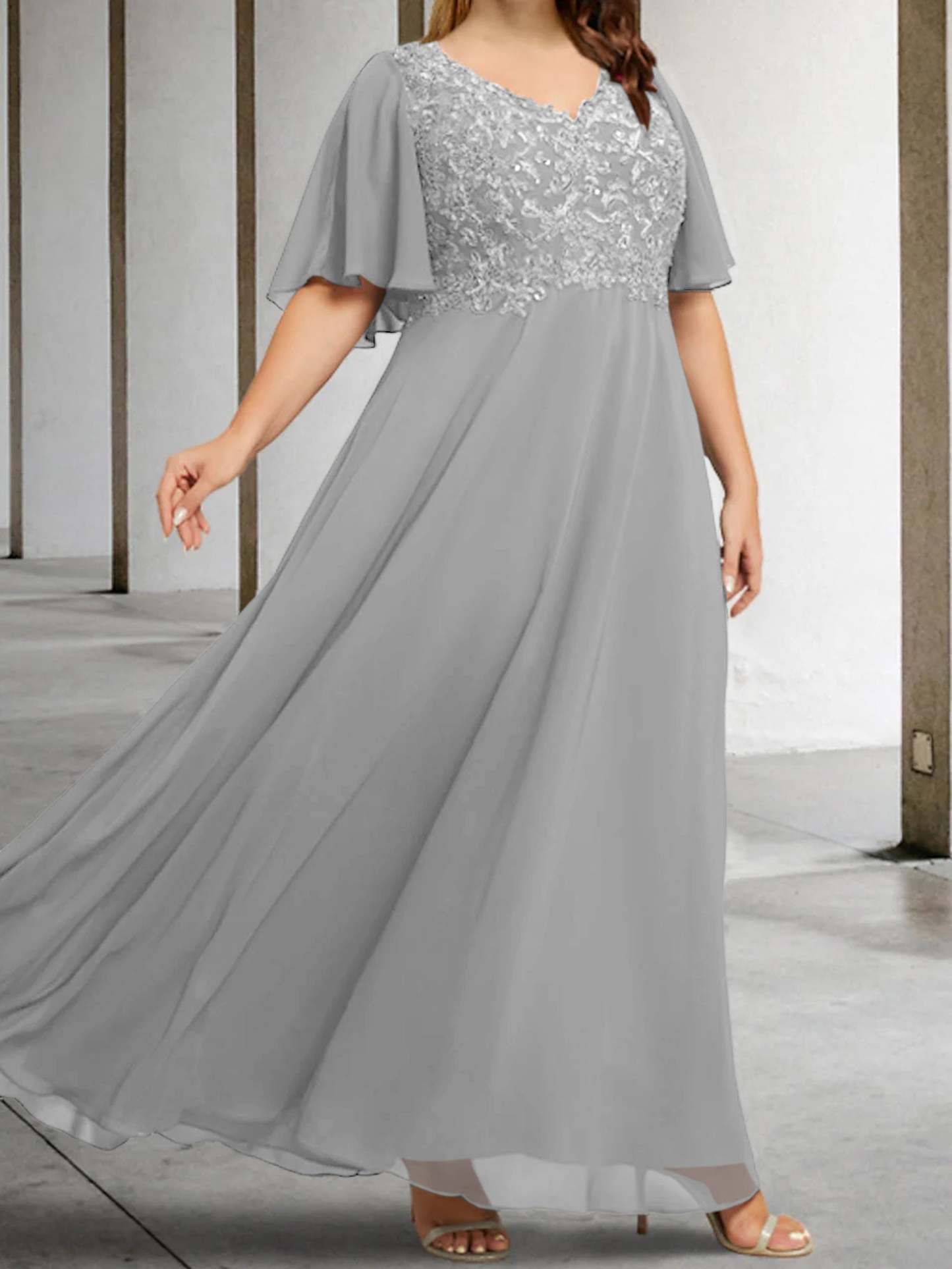V-Neck A-Line Princess Floor-Length Mother of the Bride Dress with Applique and Half Sleeves