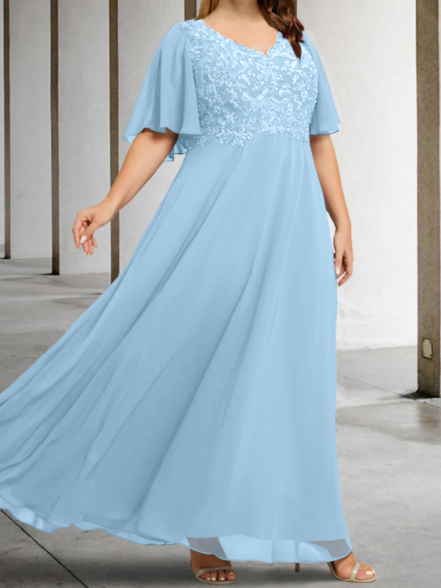 V-Neck A-Line Princess Floor-Length Mother of the Bride Dress with Applique and Half Sleeves